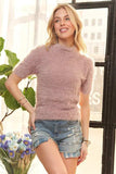 ADORA Fuzzy Mock Neck Short Sleeve Sweater - Trendsi - Flyclothing LLC