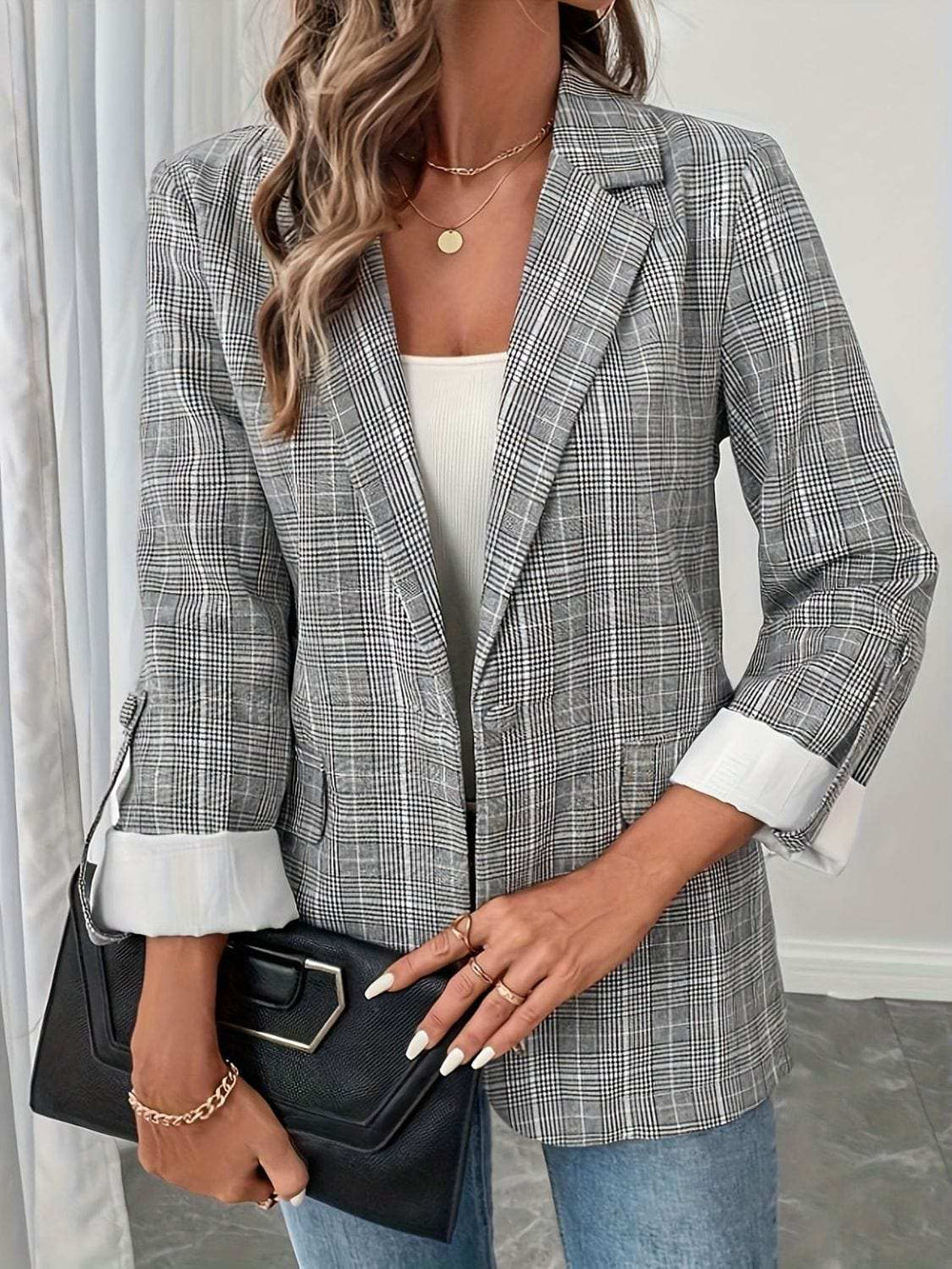 Single-Breasted Lapel Collar Plaid Blazer - Trendsi - Flyclothing LLC