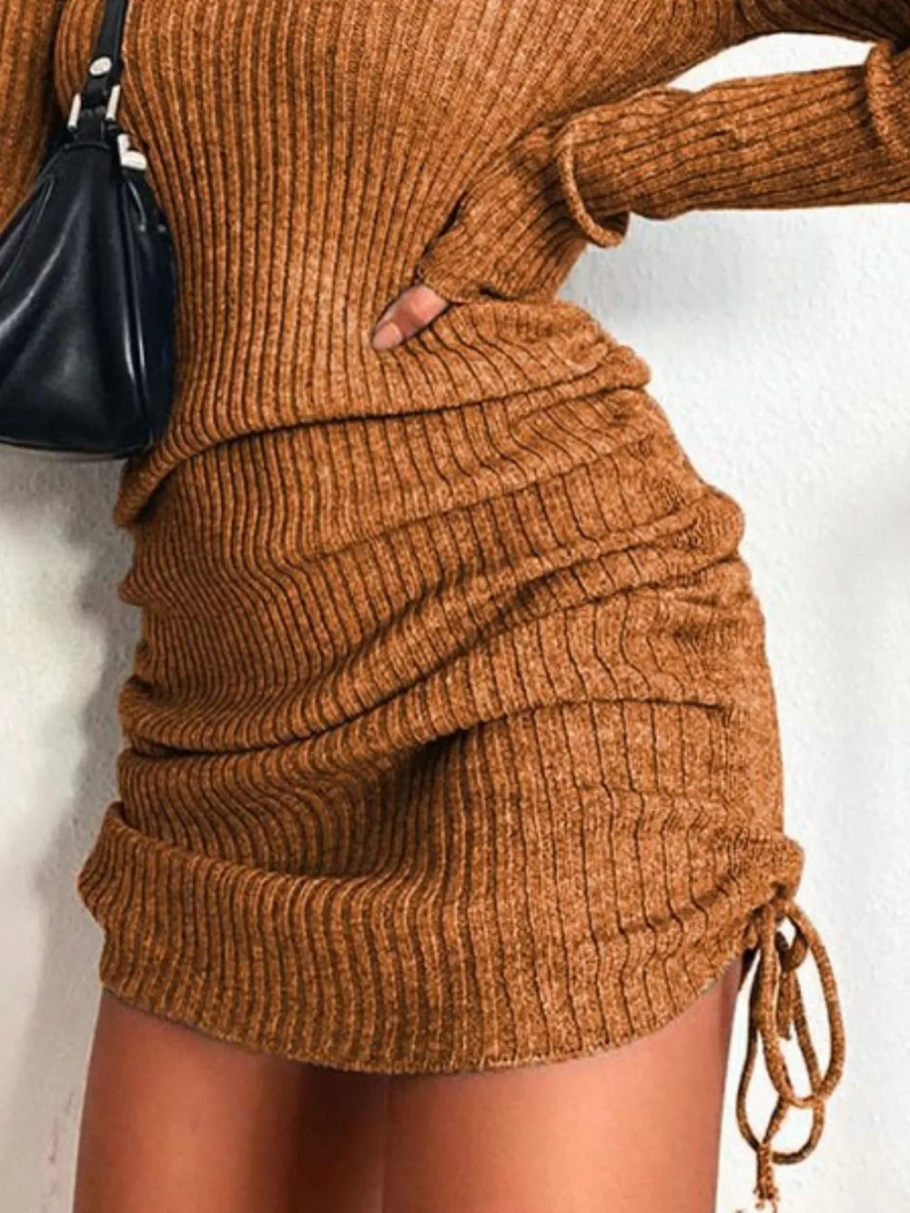 Full Size Ribbed Knit Drawstring Bodycon Sweater Dress Plus Size - Trendsi - Flyclothing LLC