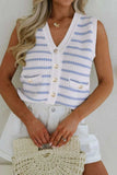 Stripe V Neck Gold Buttons Elegant Sweater Vest - Trendsi - Flyclothing LLC