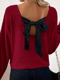 Ribbed V Neck Contrast Ribbon Bow Back Drop Shoulder Long Sleeve Top - Trendsi - Flyclothing LLC