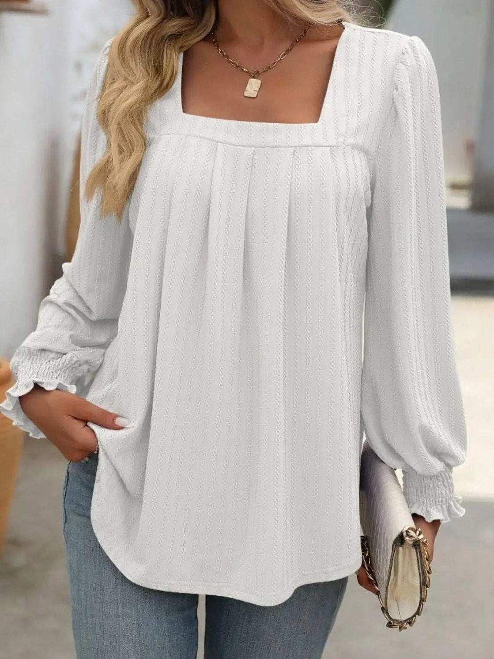 Square Neck Long Sleeve Top - Trendsi - Flyclothing LLC