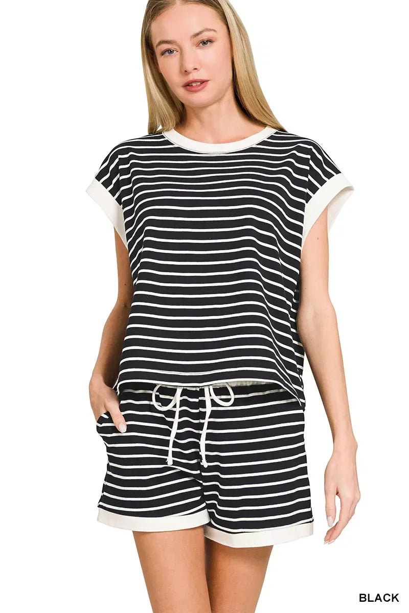 Zenana Stripe Contrast Trim Top & Shorts Set - Trendsi - Flyclothing LLC