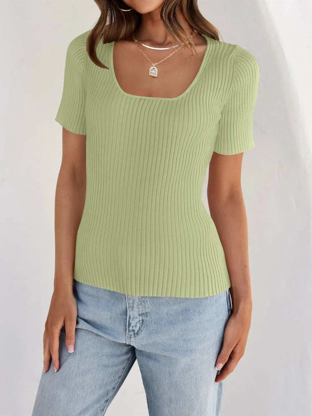 Ribbed Square Neck Short Sleeve Knit Top - Trendsi - Flyclothing LLC