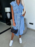 Collared Neck Cap Sleeve Denim Dress - Trendsi - Flyclothing LLC