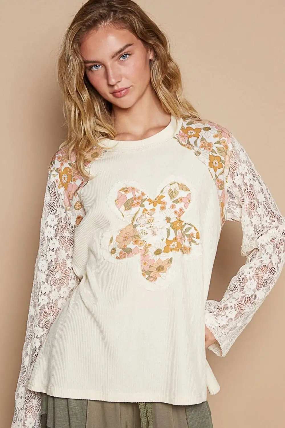 POL Flower Patch Lace Sleeve Knit Top - Trendsi - Flyclothing LLC