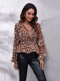 Ruched Printed V-Neck Long Sleeve Blouse - Trendsi - Flyclothing LLC