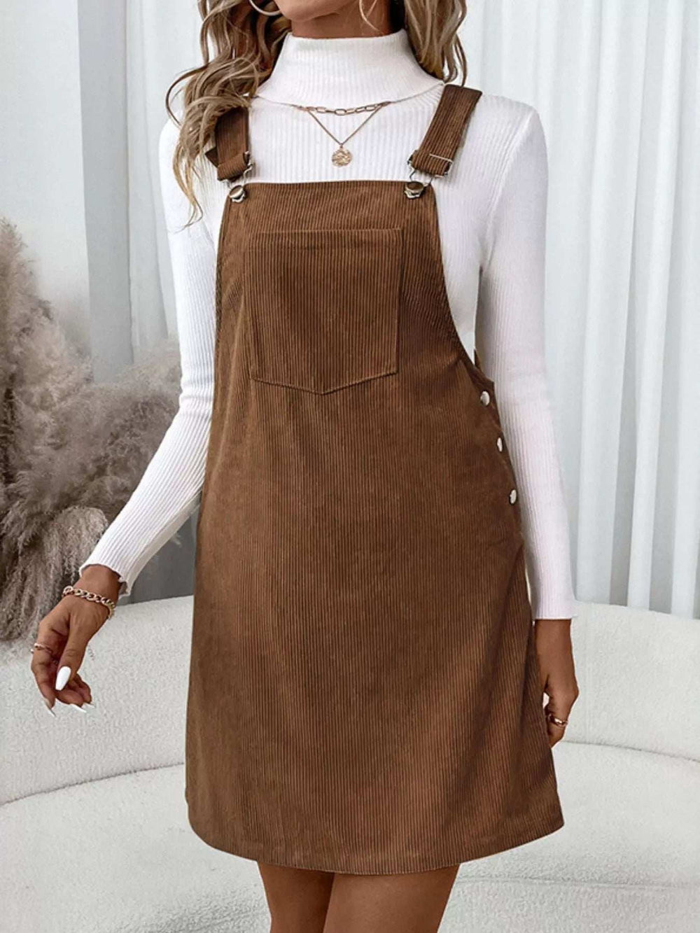 Corduroy Overall Mini Dress with Adjustable Straps - Trendsi - Flyclothing LLC