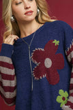 Umgee Flower Jacquard Striped Long Sleeve Sweater - Trendsi - Flyclothing LLC