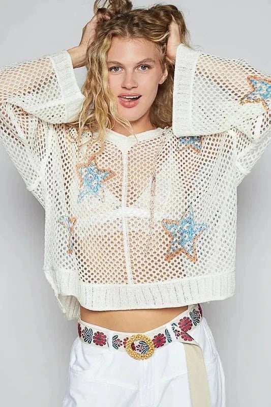 POL Star Openwork Long Sleeve Hooded Knit Cover Up - Trendsi - Flyclothing LLC