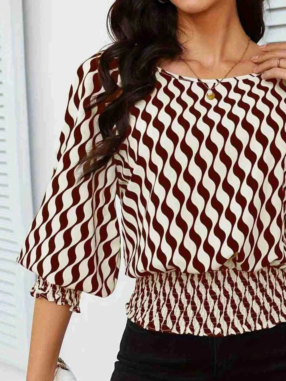 Geometric Print Lantern Sleeve Smocked Waist Blouse - Trendsi - Flyclothing LLC