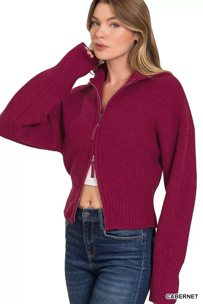 Zenana Ribbed Collared Zip Up Sweater Cardigan - Trendsi - Flyclothing LLC