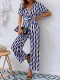 Printed Surplice Tie Waist Short Sleeve Jumpsuit - Trendsi - Flyclothing LLC
