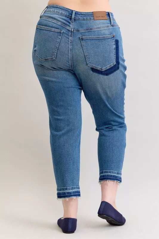 Judy Blue Full Size Mid Rise Bf Patch & Repair Destroy Release Hem Jeans Plus Size - Trendsi - Flyclothing LLC