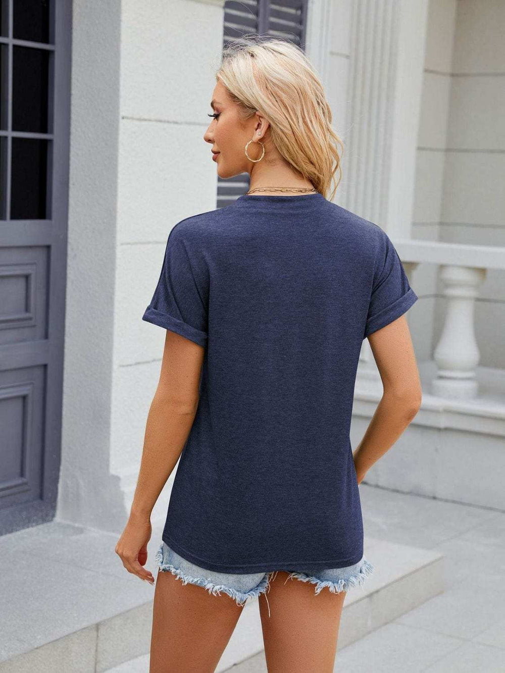 Florira Notched Short Sleeve T-Shirt - Trendsi - Flyclothing LLC