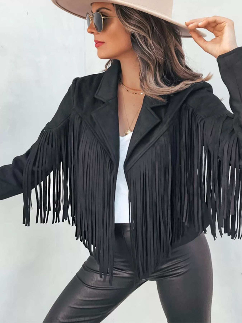 Fringe Open Front Cropped Jacket - Trendsi - Flyclothing LLC