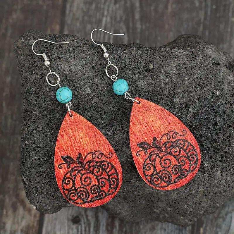 Turquoise Wooden Pumpkin Teardrop Earrings - Trendsi - Flyclothing LLC