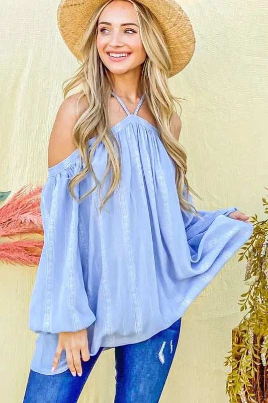 And The Why Stripe Printed Cold Shoulder Halter Neck Top - Trendsi - Flyclothing LLC