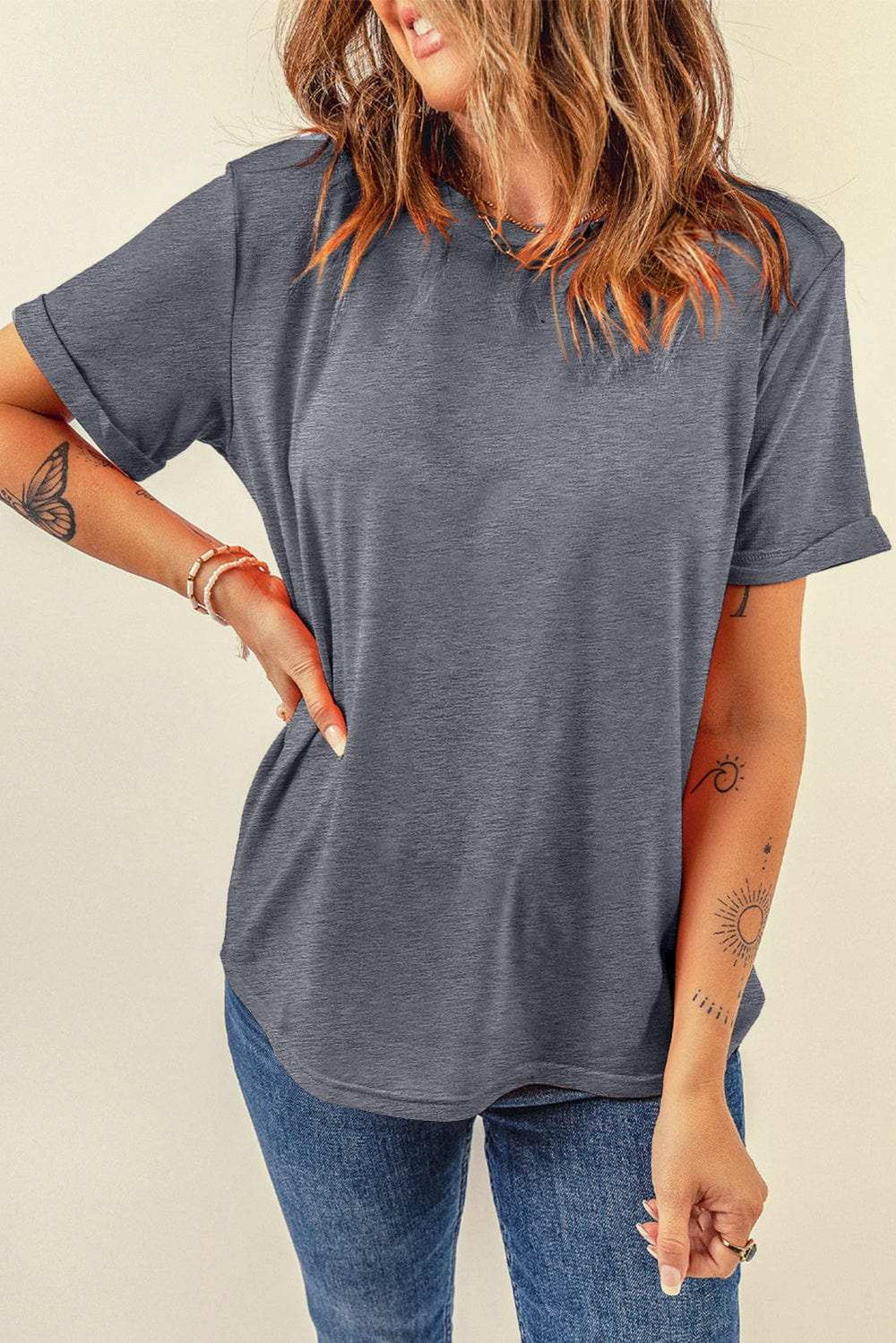 Round Neck Short Sleeve T-Shirt - Trendsi - Flyclothing LLC