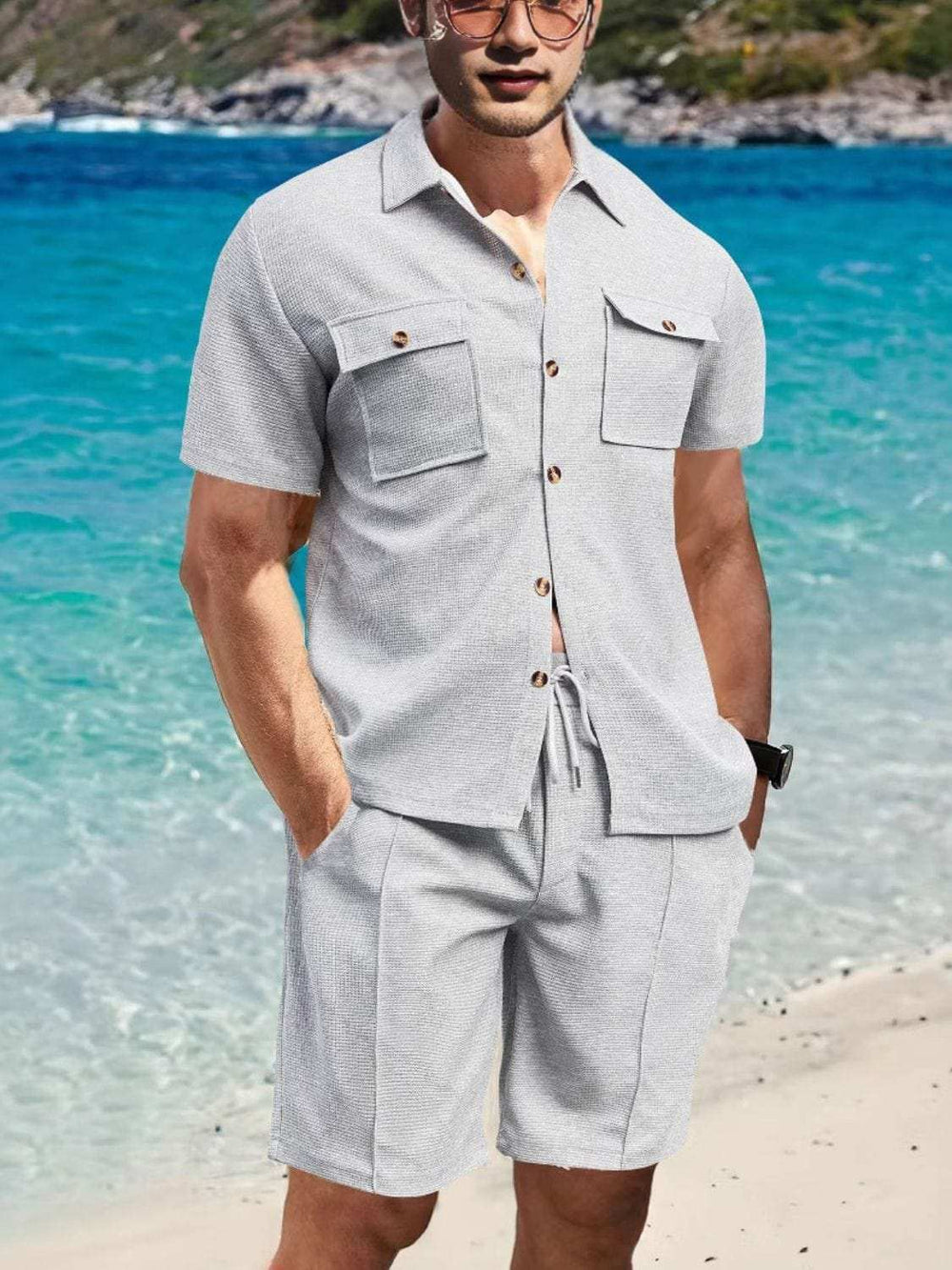 Men's Full Size Button Down Short Sleeve Top and Shorts Set Plus Size - Trendsi - Flyclothing LLC