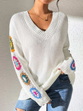 Crochet Flower V-Neck Sweater - Trendsi - Flyclothing LLC