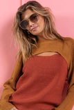 BiBi Color Block Sweater Knit Top With Cut Out Neck - Trendsi - Flyclothing LLC