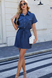 Drawstring Collared Neck Short Sleeve Denim Dress - Trendsi - Flyclothing LLC