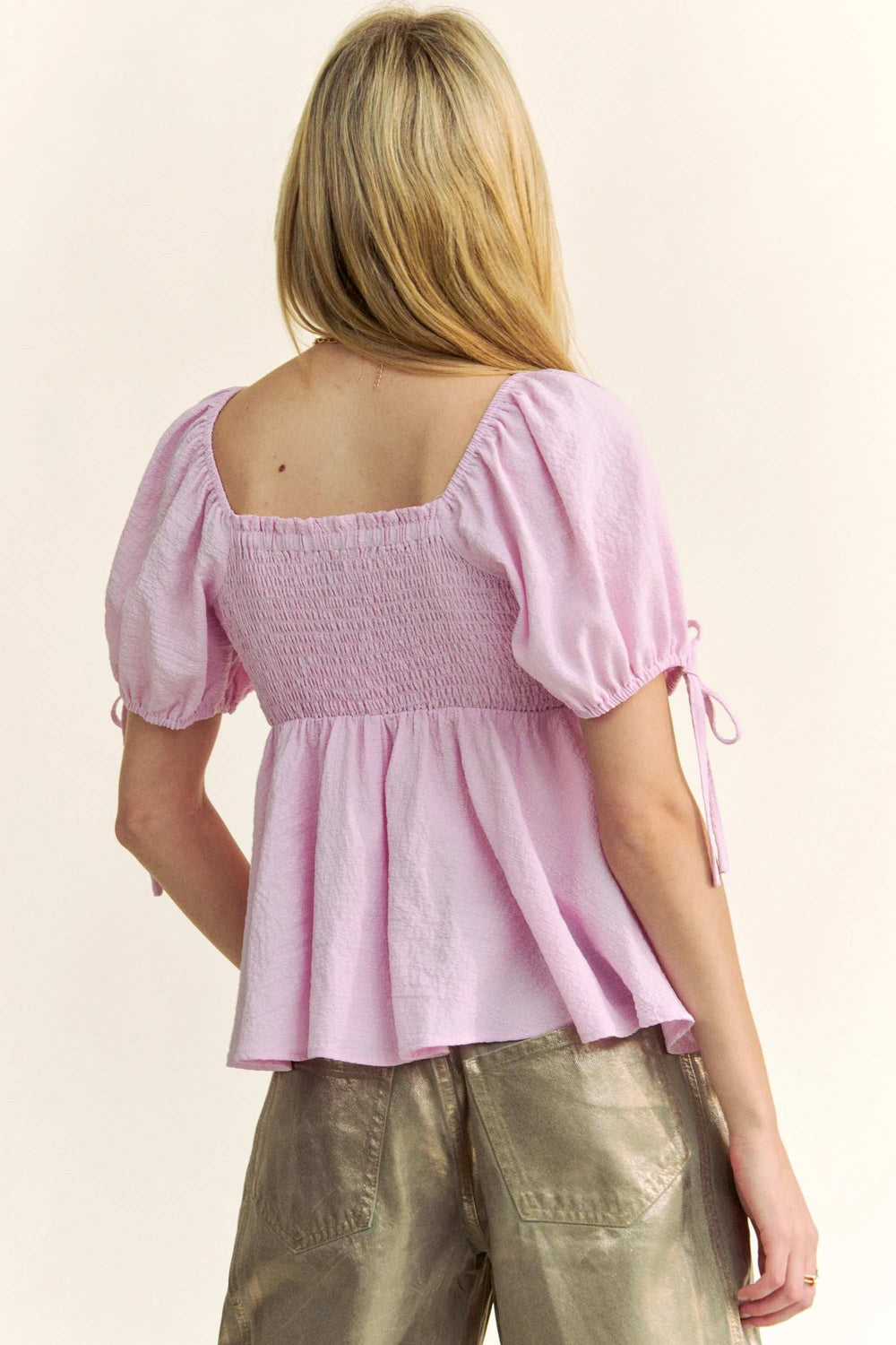 Davi & Dani Solid Elastic Peplum Puffed Sleeves Blouse - Trendsi - Flyclothing LLC