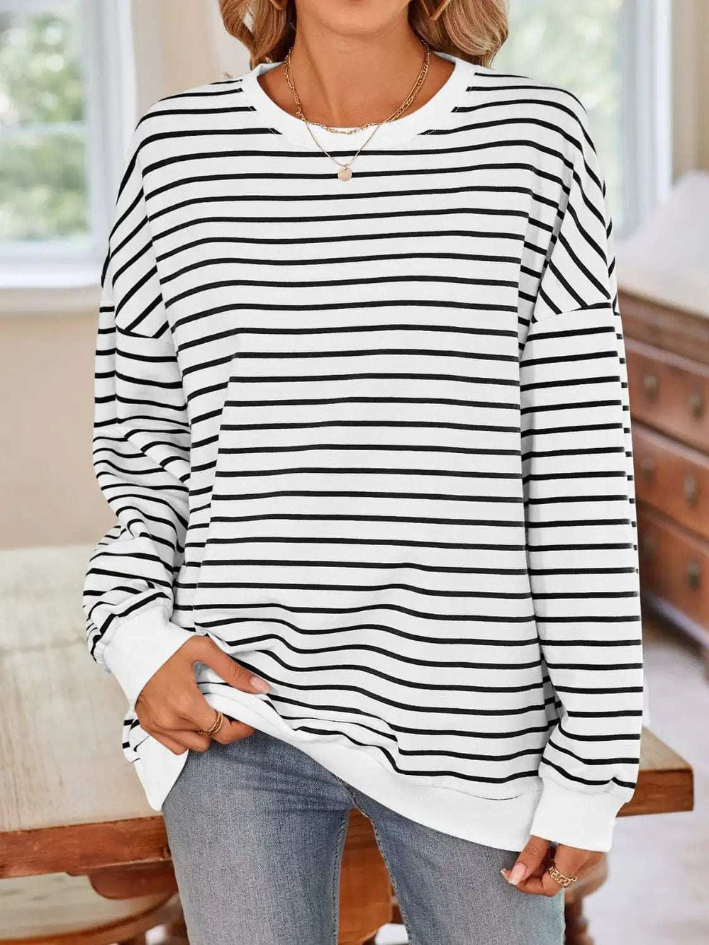 Striped Round Neck Long Sleeve Sweatshirt - Trendsi - Flyclothing LLC