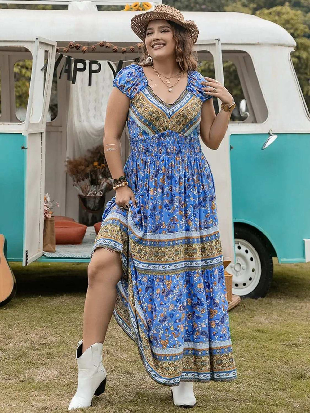 Plus Size Smocked Printed Cap Sleeve Dress - Trendsi - Flyclothing LLC