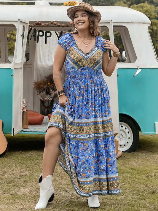 Plus Size Smocked Printed Cap Sleeve Dress - Trendsi - Flyclothing LLC