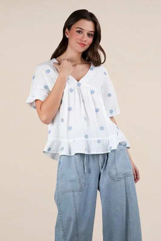 VERY J Flower Embroidered Woven Blouse - Trendsi - Flyclothing LLC