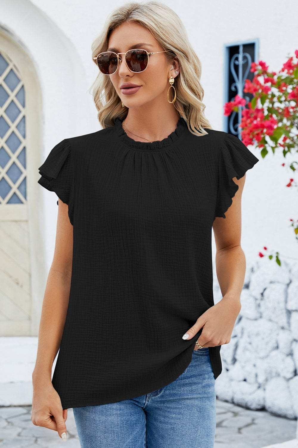 Ruffled Round Neck Cap Sleeve Blouse - Trendsi - Flyclothing LLC