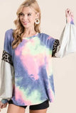 BiBi Tie Dye Terry Top with Contrast Puff Sleeves - Trendsi - Flyclothing LLC