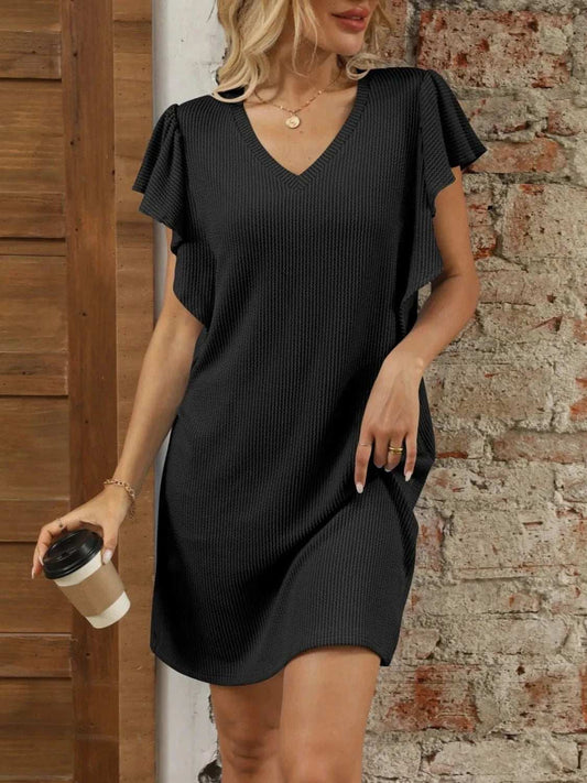Ruffled V-Neck Cap Sleeve Mini Dress - Trendsi - Flyclothing LLC