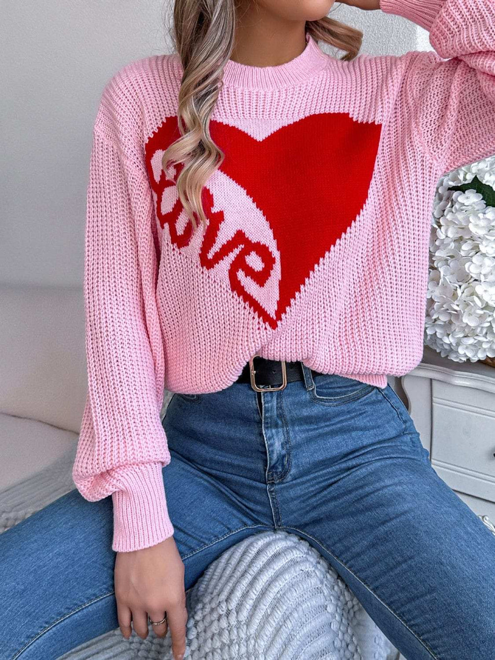 LOVE Heart Round Neck Dropped Shoulder Sweater - Trendsi - Flyclothing LLC