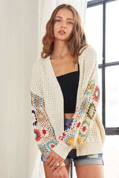 ADORA Full Size Contrast Crochet Open Front Long Sleeve Cardigan - Trendsi - Flyclothing LLC