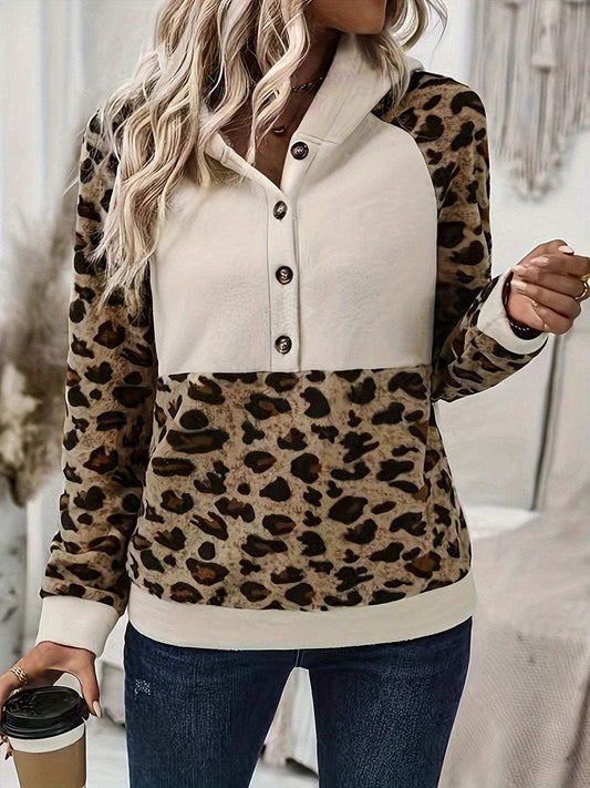 Leopard Half Button Long Sleeve Hoodie - Trendsi - Flyclothing LLC