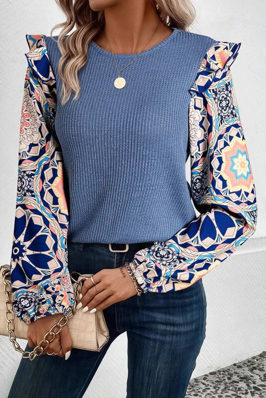 Ruffled Printed Round Neck Long Sleeve Top - Trendsi - Flyclothing LLC