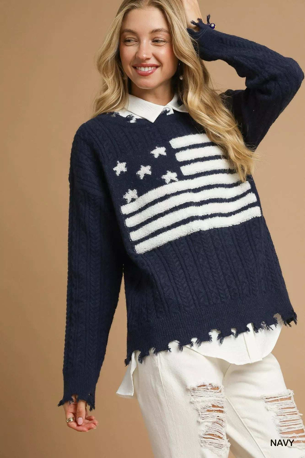 Umgee Distressed American Flag Sweater - Trendsi - Flyclothing LLC
