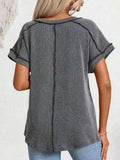 Exposed Seam V-Neck Short Sleeve Top - Trendsi - Flyclothing LLC