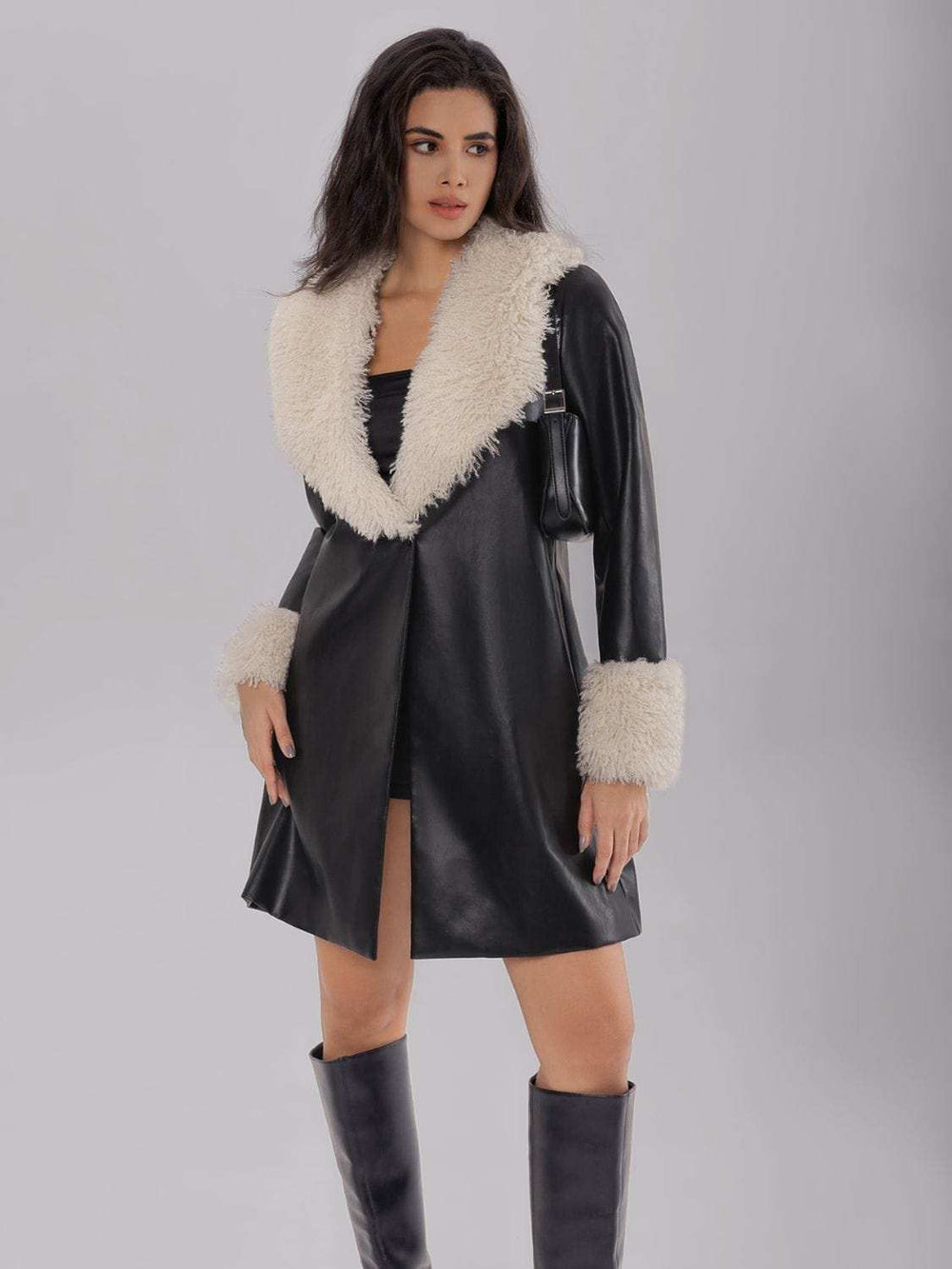 Fuzzy Long Sleeve Longline Coat - Trendsi - Flyclothing LLC
