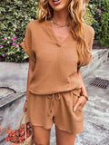 Notched Short Sleeve Top and Shorts Set - Trendsi - Flyclothing LLC