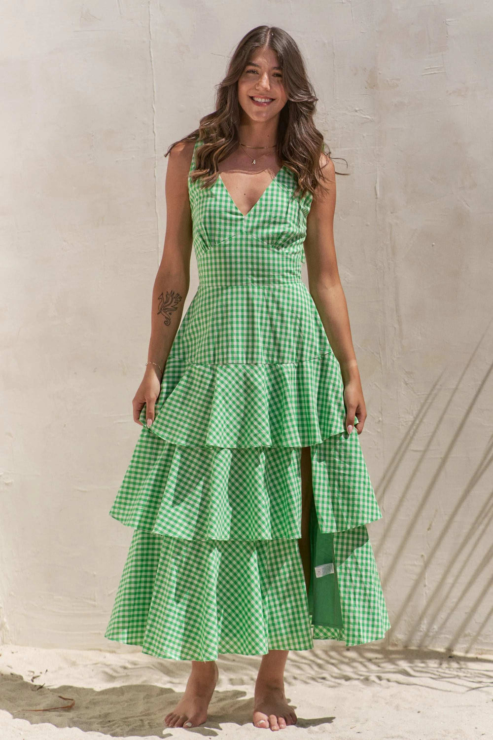 Jade By Jane Full Size Sleeveless Gingham Print Tiered Midi Dress Plus Size - Trendsi - Flyclothing LLC