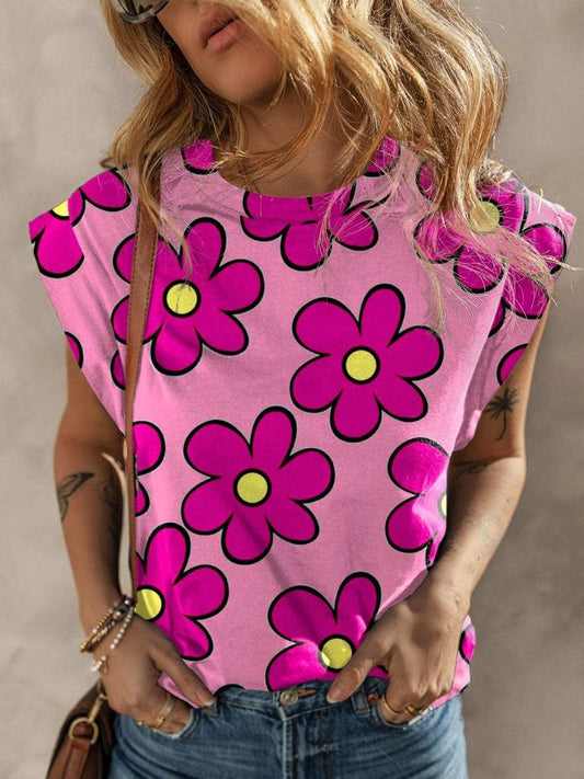 Flower Printed Round Neck Cap Sleeve Blouse - Trendsi - Flyclothing LLC