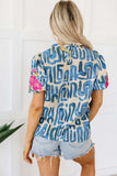 Embroidered Printed Mock Neck Short Sleeve Blouse - Trendsi - Flyclothing LLC