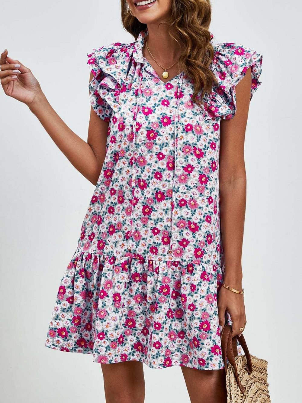 Tied Floral Cap Sleeve Mini Dress - Trendsi - Flyclothing LLC