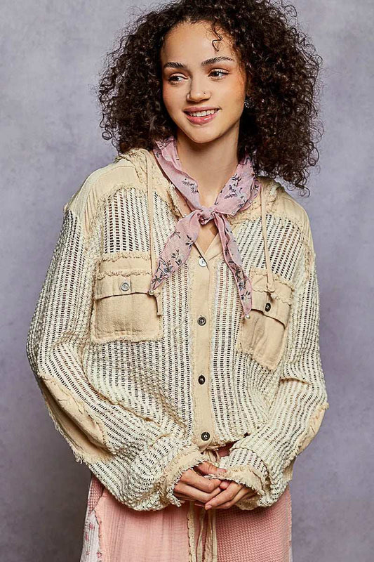 POL Texture Woven Button Down Hooded Shirt with Drawstring Hem - Trendsi - Flyclothing LLC