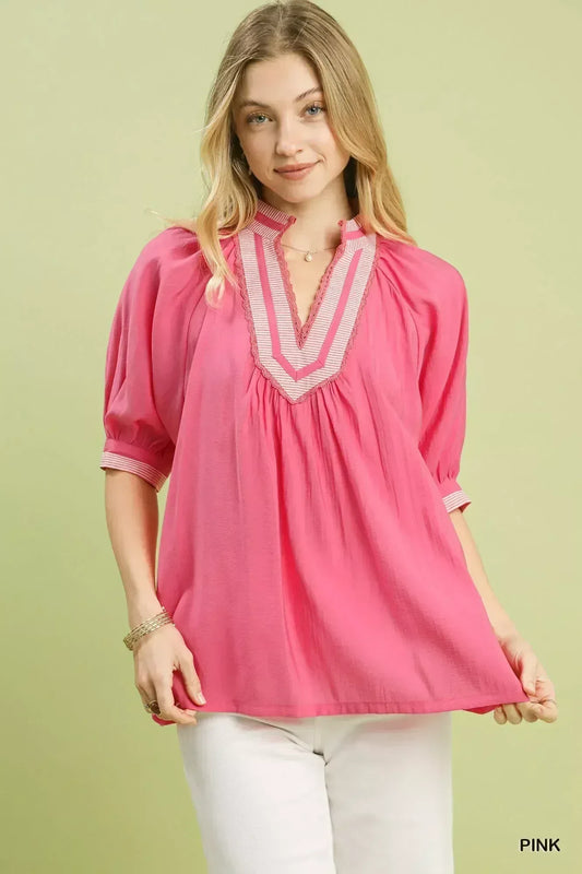 Umgee Solid Contrast Trim Pleated Top - Trendsi - Flyclothing LLC