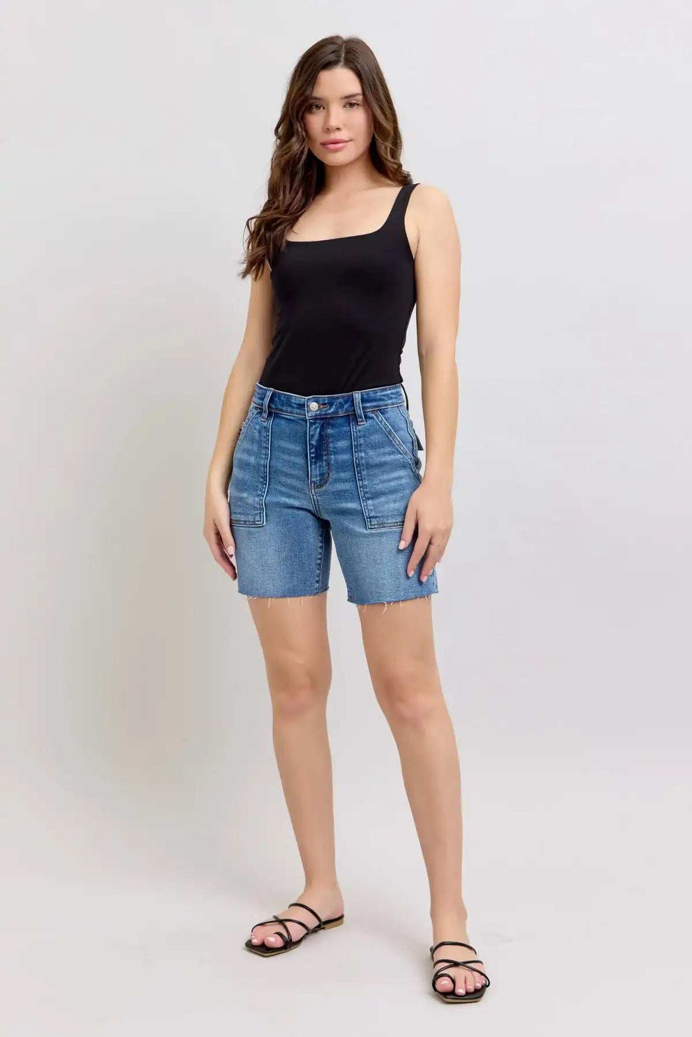 Judy Blue Full Size Mid Rise Bermudas Denim Shorts W/ Back Flap Pockets Plus Size - Trendsi - Flyclothing LLC